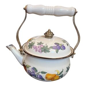 Essence enameled 2 qt tea kettle white with vivid fruit pattern ceramic handle.